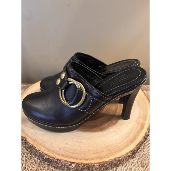 Coach Claude Black Leather Mule Heel Buckle Boho Chic Clog Heels Sz-9.5 - Picture 1 of 15